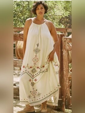 Anthropologie Cream Embroidered Halter Maxi Dress